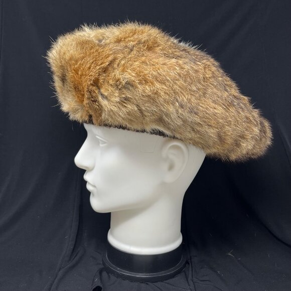 Rabbit Fur Winter Hat Beret Brown /‎ Beige Rib Knit  Money Glam 7 1/8 or Medium - Picture 4 of 8